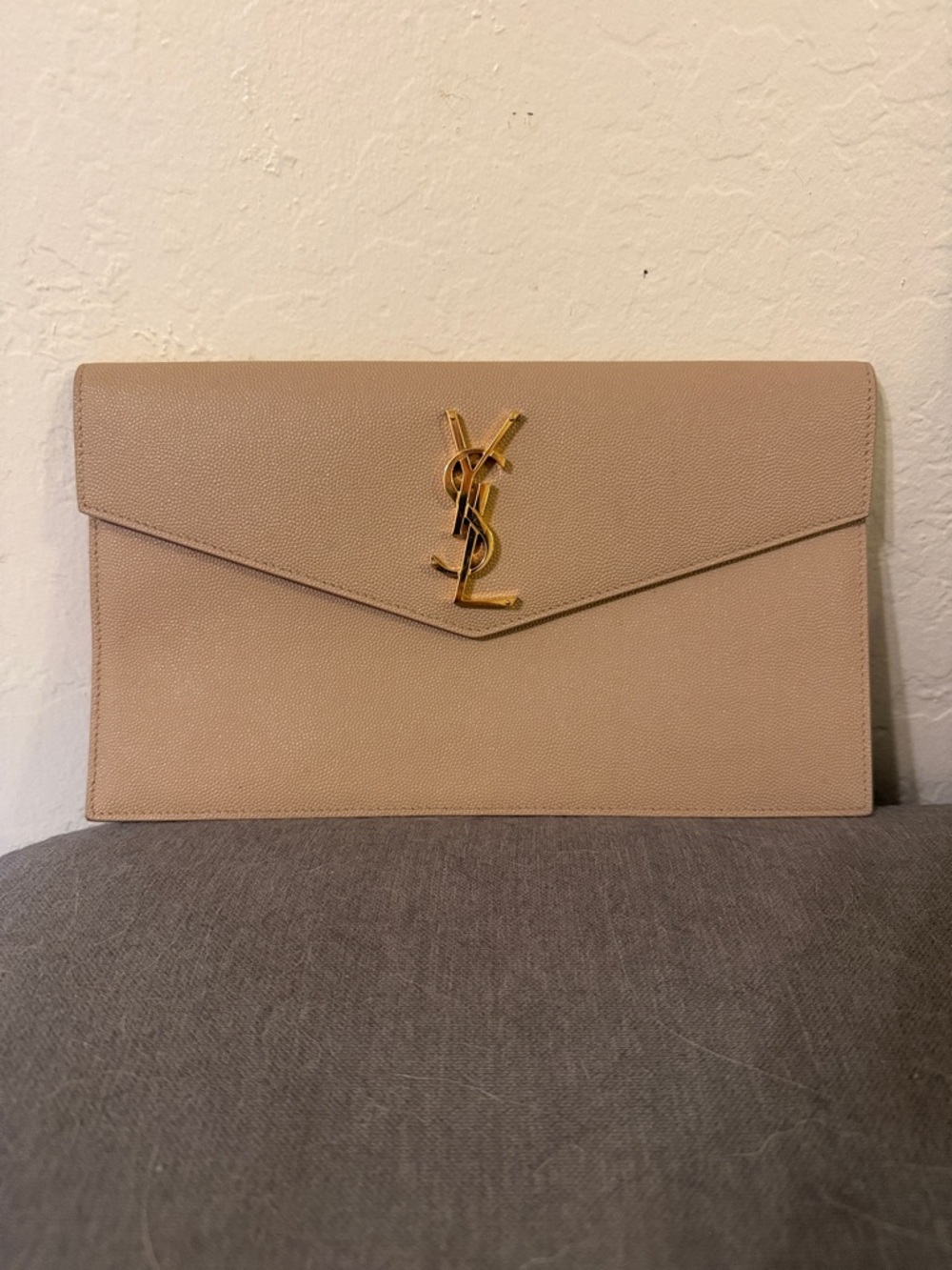 Saint Laurent Nude Leather Envelope Clutch with Gold Logo